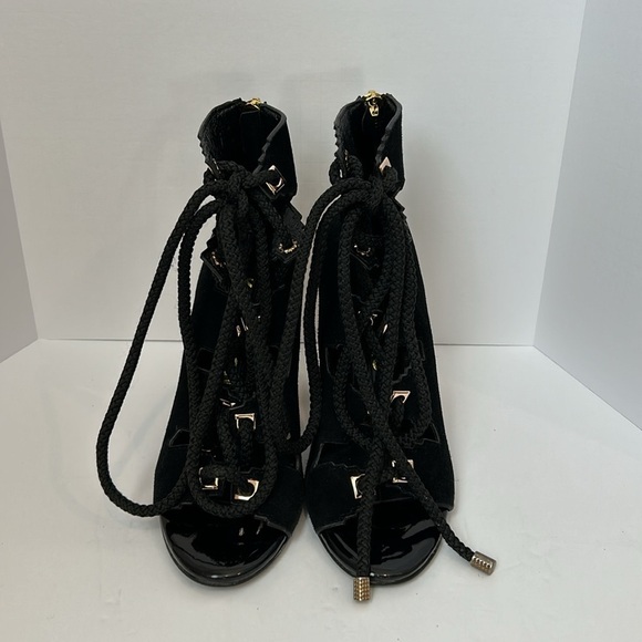 KAT MACONIE Betsy Suede Black Sandals Gold Heels Lace Up women’s size 5.5 - Picture 4 of 16